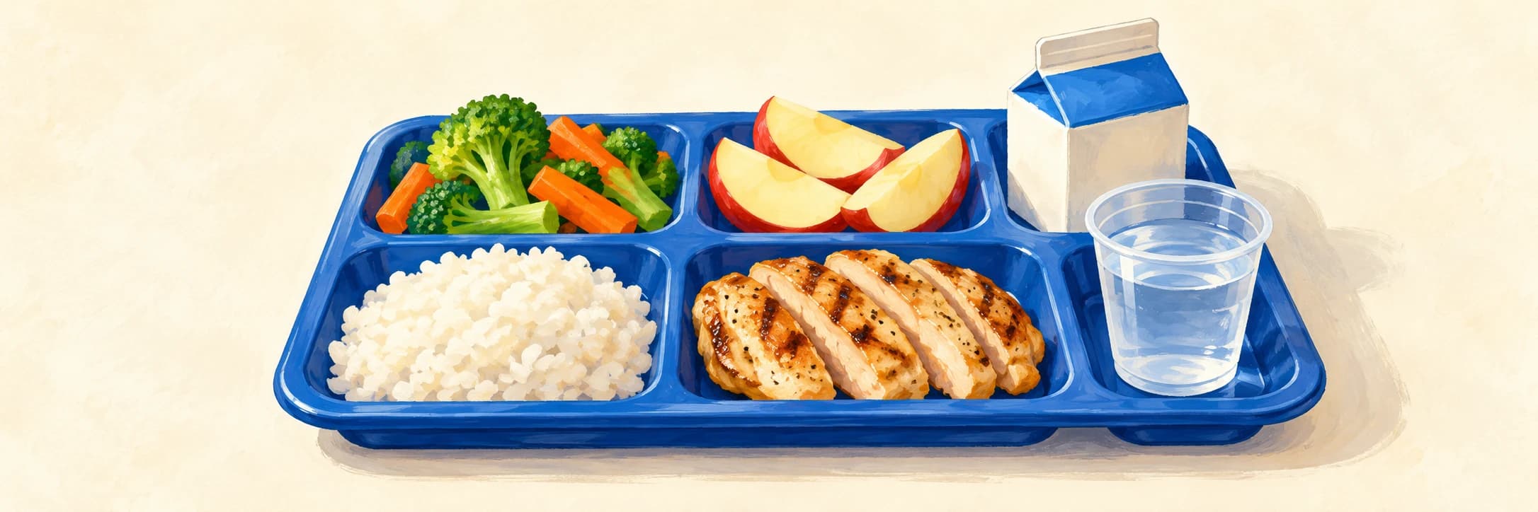 Illustration of a balanced school lunch with chicken, rice, vegetables, fruit, and milk.
